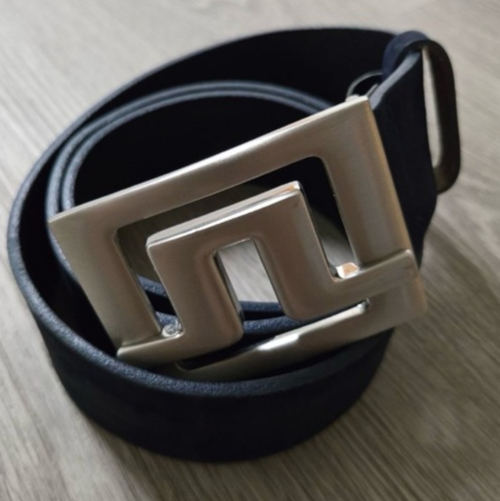 Modern Black Belt with Geometric Silver Buckle